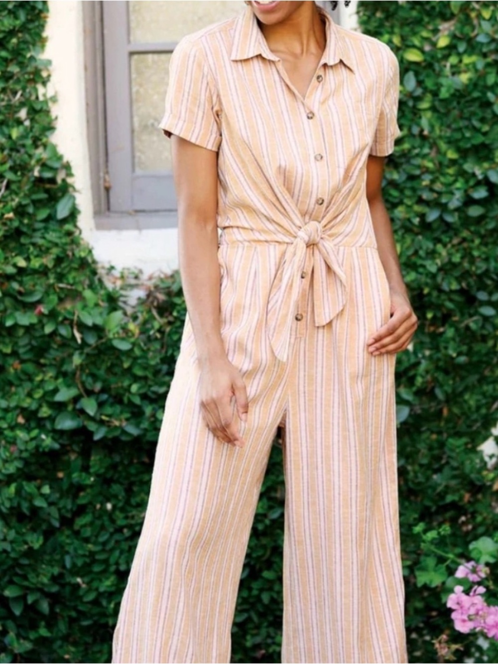 Toad & co striped short sleeve button up hemp blend jumpsuit size small